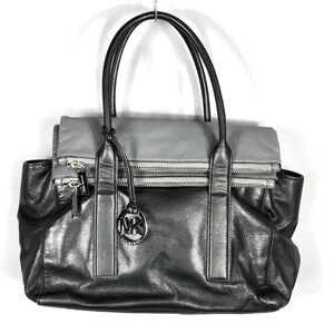 Michael Kors Tippi Fold Over Satchel Shoulder Leather Hand Bag Black Gray Zip